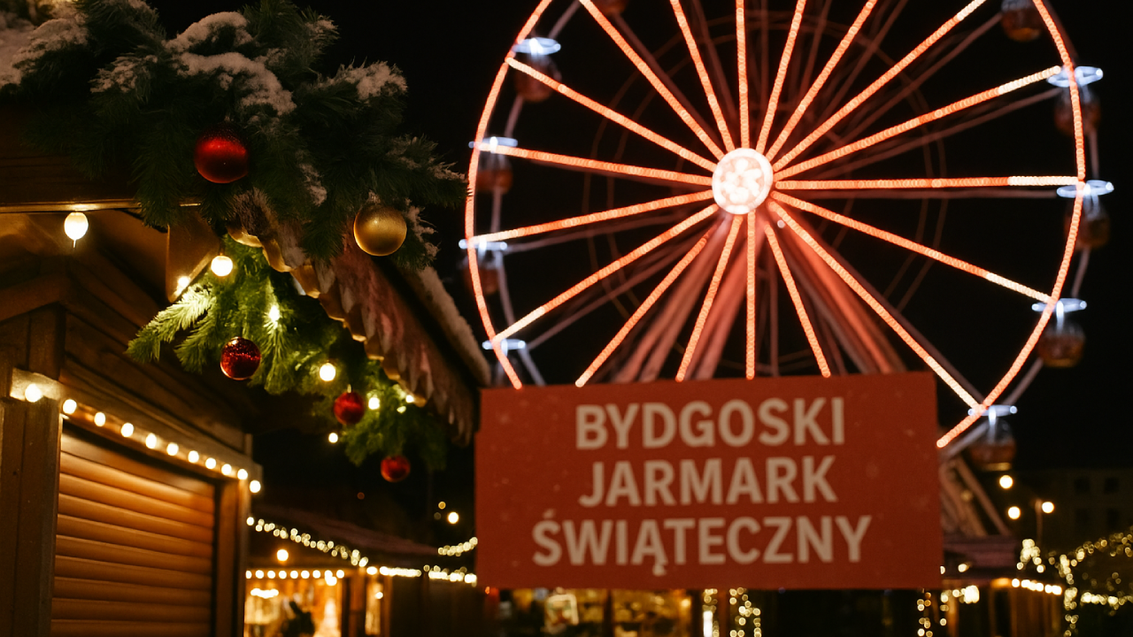 Nocne zdjęcie Bydgoskiego Jarmarku Świątecznego z kołem młyńskim