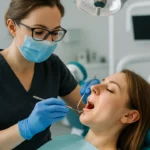 Stomatolog w nowoczesnym gabinecie w Bydgoszczy podczas leczenia pacjentki