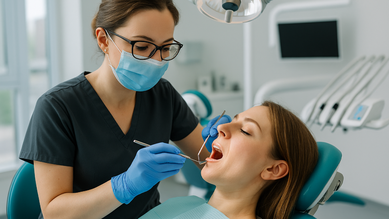 Stomatolog w nowoczesnym gabinecie w Bydgoszczy podczas leczenia pacjentki