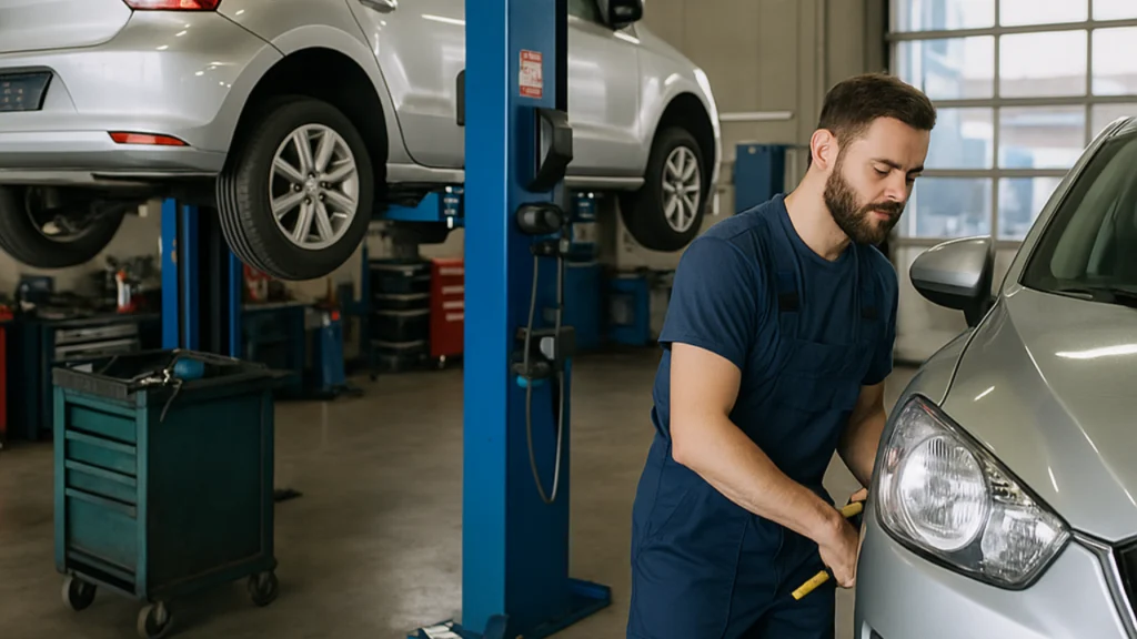 Mechanik samochodowy naprawia silnik w warsztacie w Bydgoszczy