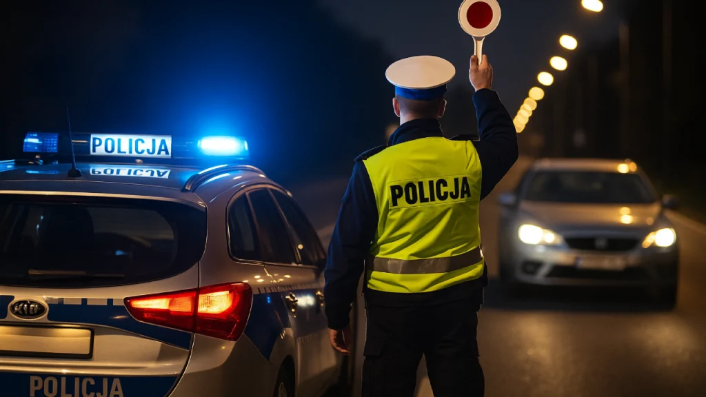 Patrol policji zatrzymuje samochód do kontroli na drodze krajowej