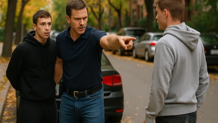 Policjant po służbie zatrzymuje dwóch mężczyzn na ulicy Osiedla Leśnego