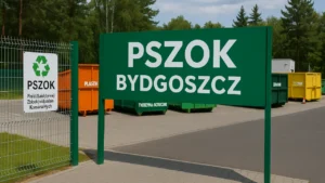 Punkt PSZOK w Bydgoszczy z kontenerami i mieszkańcami oddającymi odpady
