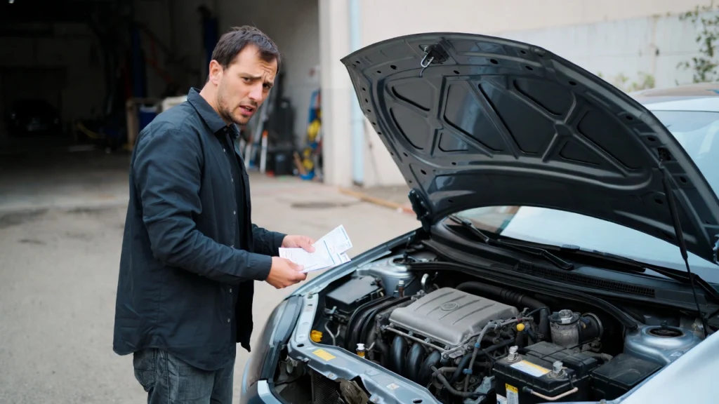 Kierowca sprawdzający rachunki i koszty napraw samochodu przy otwartej masce