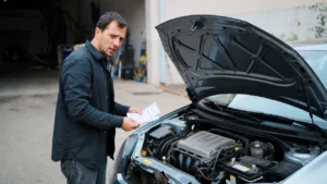 Kierowca sprawdzający rachunki i koszty napraw samochodu przy otwartej masce