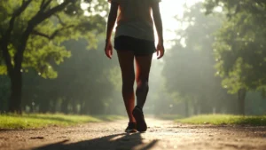 Osoba na spacerze w parku o poranku, luźny strój sportowy, spokojna atmosfera