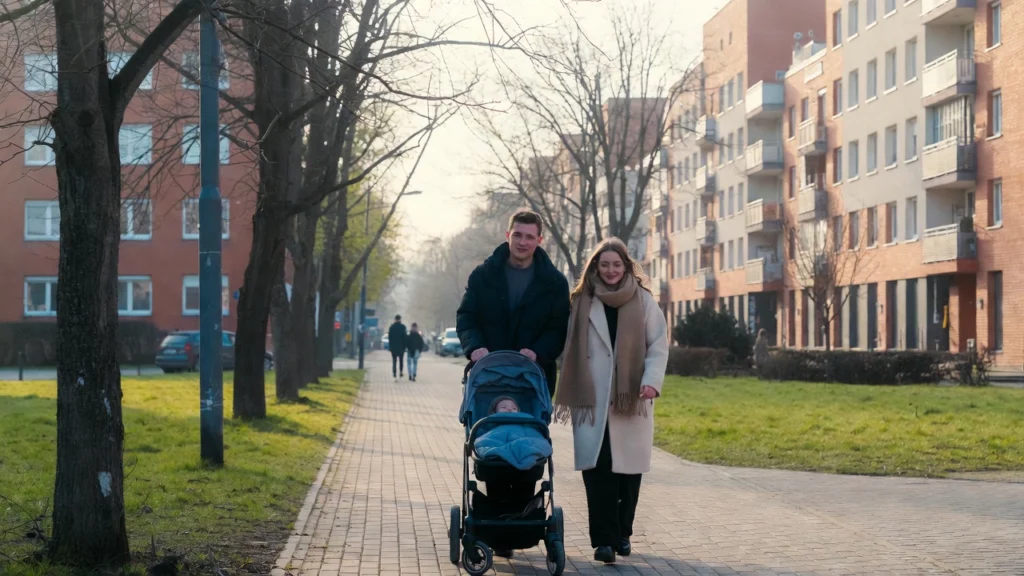 Rodzice z wózkiem w Bydgoszczy podczas spaceru z noworodkiem